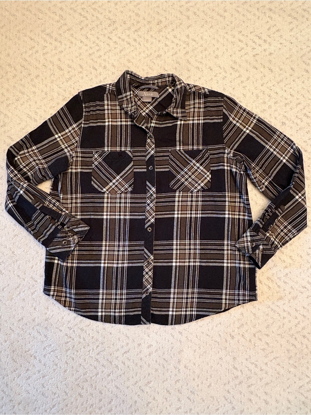 Natural Reflections Flannel Shirt Size L Cotton Button Up Black Green Plaid Fall